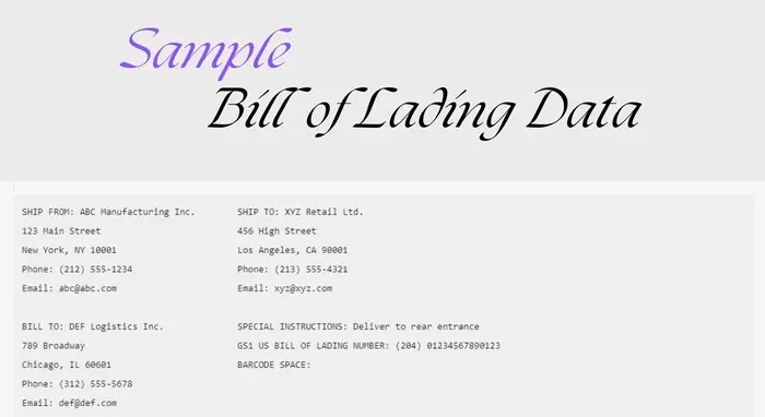 Sample Bill of Lading Data - BOL Shipping
