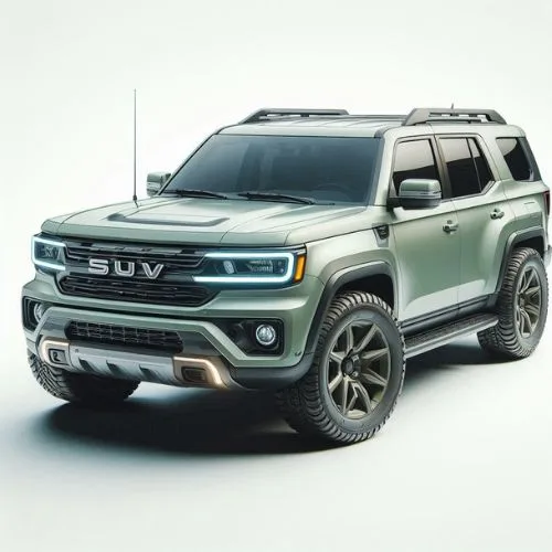 An SUV with light green color and white background